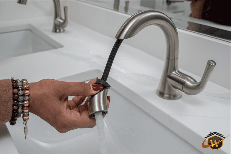Person adjusting a kitchen faucet sprayer with water running.